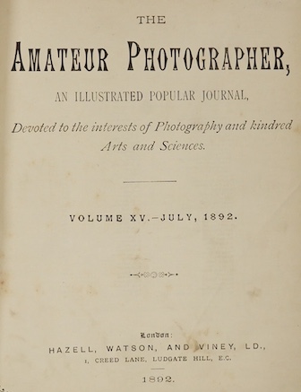 The Amateur Photographer, An Illustrated Popular Journal, Vols XV, 1892 and XV11, 1893, 4to, half calf, worn, Hazel, Watson, and Viney, London, together with a late 19th century photograph album - ‘Recollections of Old L